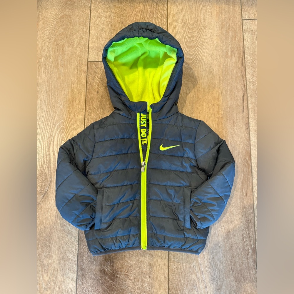 Nike Toddler Gray Puffer Jacket with Neon Green 18 Months